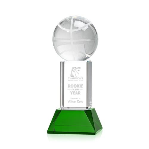 Awards and Trophies - Crystal Awards - Basketball Green on Stowe Base Globe Crystal Award