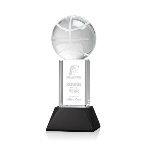 Awards and Trophies - Crystal Awards - Basketball Black on Stowe Base Globe Crystal Award