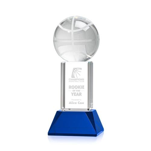 Awards and Trophies - Crystal Awards - Basketball Blue on Stowe Base Globe Crystal Award