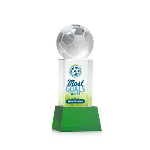 Awards and Trophies - Crystal Awards - Soccer Ball Full Color Green on Belcroft Globe Crystal Award