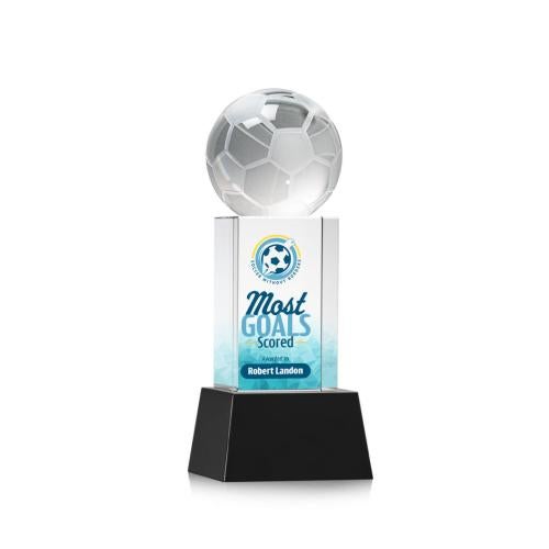 Awards and Trophies - Crystal Awards - Soccer Ball Full Color Black on Belcroft Globe Crystal Award