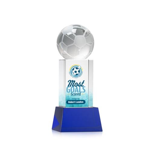 Awards and Trophies - Crystal Awards - Soccer Ball Full Color Blue on Belcroft Globe Crystal Award