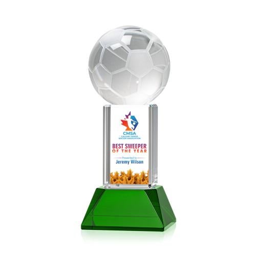 Awards and Trophies - Crystal Awards - Soccer Ball Full Color Green on Stowe Globe Crystal Award
