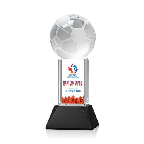Awards and Trophies - Crystal Awards - Soccer Ball Full Color Black on Stowe Globe Crystal Award