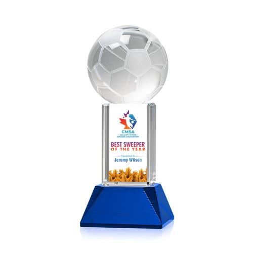 Awards and Trophies - Crystal Awards - Soccer Ball Full Color Blue on Stowe Globe Crystal Award