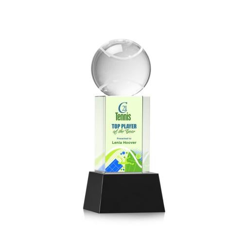 Awards and Trophies - Crystal Awards - Tennis Ball Full Color Black on Belcroft Globe Crystal Award