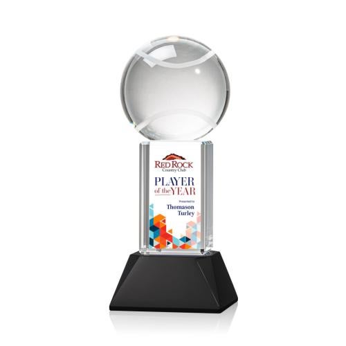 Awards and Trophies - Crystal Awards - Tennis Ball Full Color Black on Stowe Globe Crystal Award