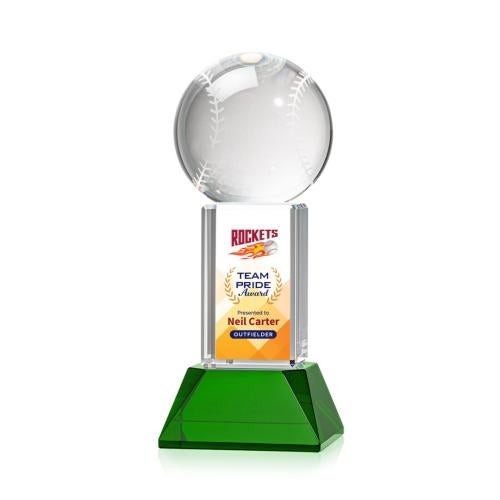 Awards and Trophies - Crystal Awards - Baseball Full Color Green on Stowe Globe Crystal Award