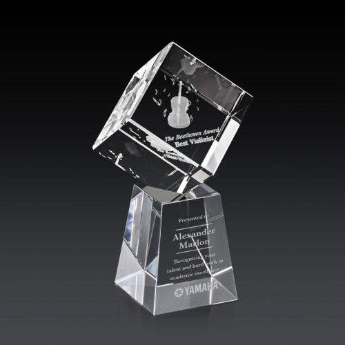Awards and Trophies - Crystal Awards - Burrill 3D Square / Cube on Celestina Base Crystal Award