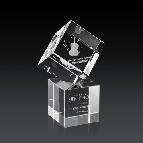 Awards and Trophies - Crystal Awards - Burrill 3D Square / Cube on Granby Base Crystal Award