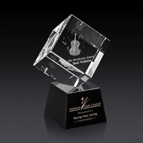 Awards and Trophies - Crystal Awards - Burrill 3D Black on Robson Base Square / Cube Crystal Award