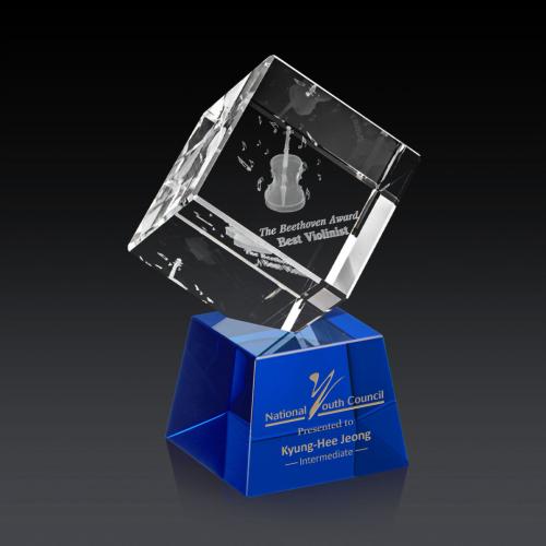 Awards and Trophies - Crystal Awards - Burrill 3D Blue on Robson Base Square / Cube Crystal Award