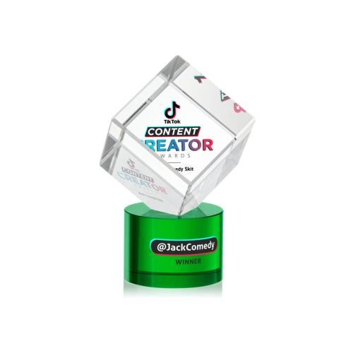 Awards and Trophies - Crystal Awards - Burrill Full Color Green on Marvel Base Square / Cube Crystal Award