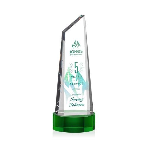 Awards and Trophies - Crystal Awards - Akron Full Color Green on Base Peaks Crystal Award
