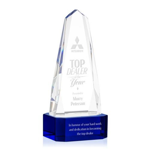 Awards and Trophies - Crystal Awards - Geneva Blue on Base Obelisk Crystal Award