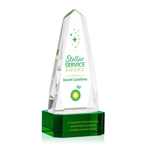 Awards and Trophies - Crystal Awards - Geneva Full Color Green on Base Obelisk Crystal Award