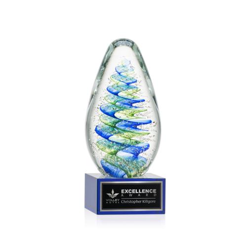 Awards and Trophies - Crystal Awards - Glass Awards - Art Glass Awards - Jezebel Blue on Hancock Base Tear Drop Glass Award
