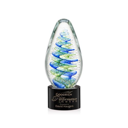 Awards and Trophies - Crystal Awards - Glass Awards - Art Glass Awards - Jezebel Black on Marvel Base Tear Drop Glass Award