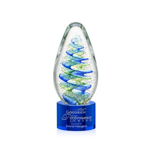 Awards and Trophies - Crystal Awards - Glass Awards - Art Glass Awards - Jezebel Blue on Marvel Base Tear Drop Glass Award