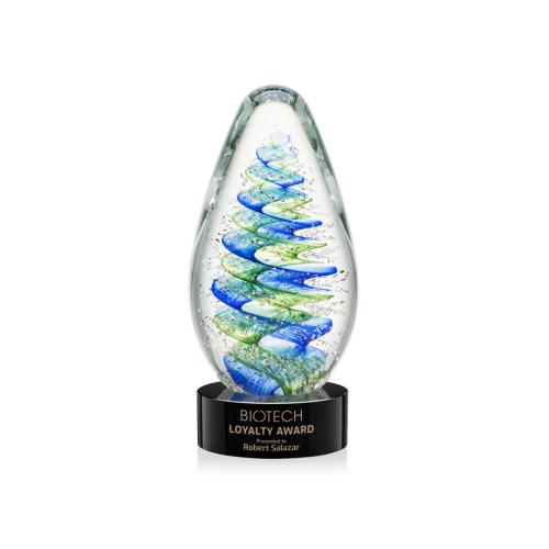 Awards and Trophies - Crystal Awards - Glass Awards - Art Glass Awards - Jezebel Black on Stanrich Base Tear Drop Glass Award