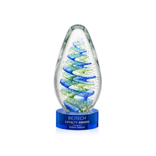Awards and Trophies - Crystal Awards - Glass Awards - Art Glass Awards - Jezebel Blue on Stanrich Base Tear Drop Glass Award