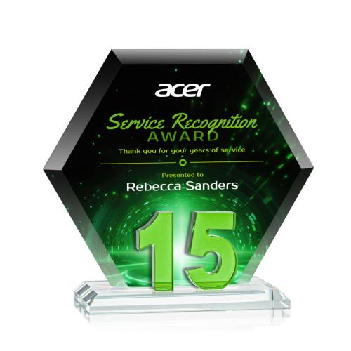 Awards and Trophies - Crystal Awards - Riviera Anniversary Full Color Green  No 15 Polygon Crystal Award