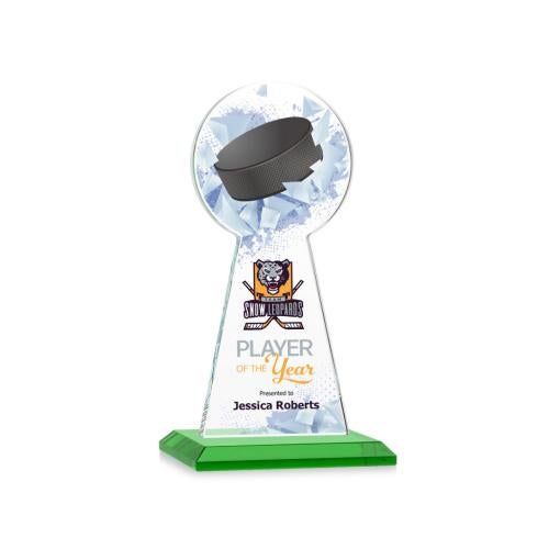 Awards and Trophies - Crystal Awards - Edenwood Hockey Full Color Green Towers Crystal Award