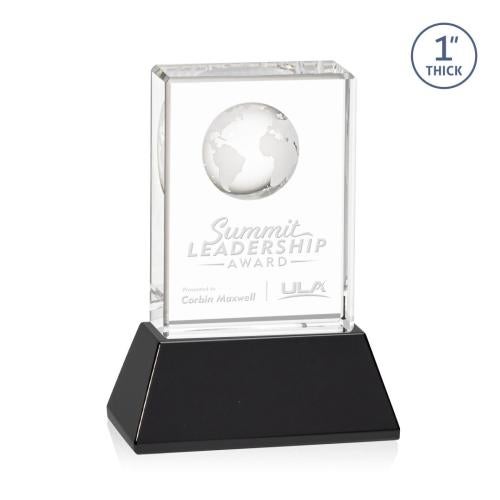Awards and Trophies - Crystal Awards - Ambassador Globe Black on Base Rectangle Crystal Award