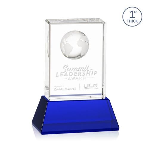 Awards and Trophies - Crystal Awards - Ambassador Globe Blue on Base Rectangle Crystal Award