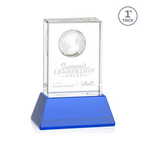 Awards and Trophies - Crystal Awards - Ambassador Globe Sky Blue on Base Rectangle Crystal Award