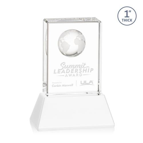 Awards and Trophies - Crystal Awards - Ambassador Globe White on Base Rectangle Crystal Award