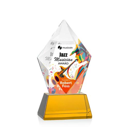 Awards and Trophies - Crystal Awards - Devron Full Color Amber on Base Polygon Crystal Award