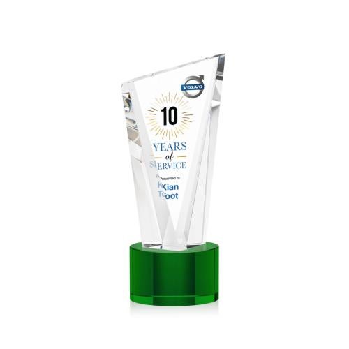 Awards and Trophies - Crystal Awards - Plymouth Full Color Green on Marvel Base Peaks Crystal Award