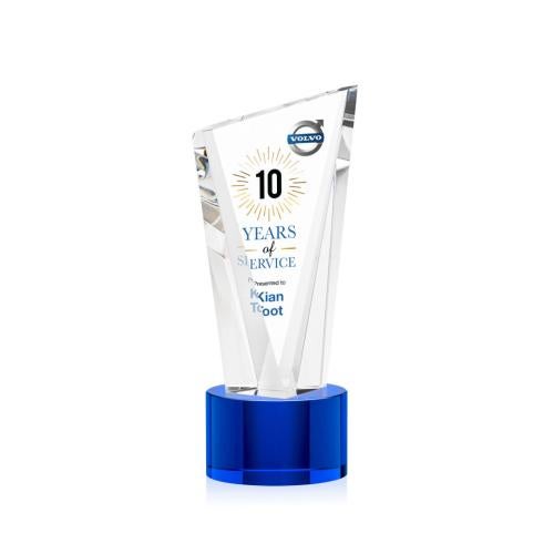 Awards and Trophies - Crystal Awards - Plymouth Full Color Blue on Marvel Base Peaks Crystal Award