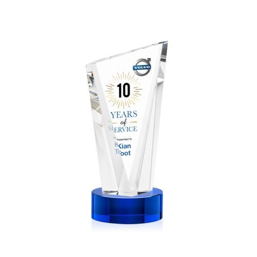 Awards and Trophies - Crystal Awards - Plymouth Full Color Blue on Stanrich Base Peaks Crystal Award