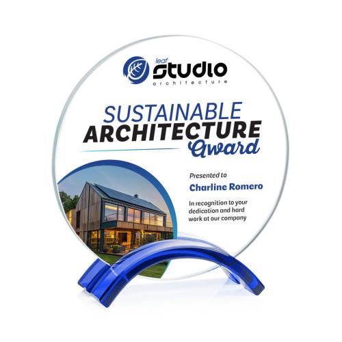 Awards and Trophies - Crystal Awards - Holton Full Color Blue Circle Crystal Award