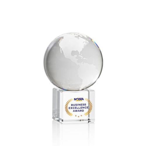 Awards and Trophies - Crystal Awards - Globe on Cube Full Color Square / Cube Crystal Award