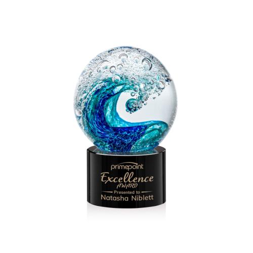 Awards and Trophies - Crystal Awards - Glass Awards - Art Glass Awards - Surfside Black on Marvel Base Globe Glass Award