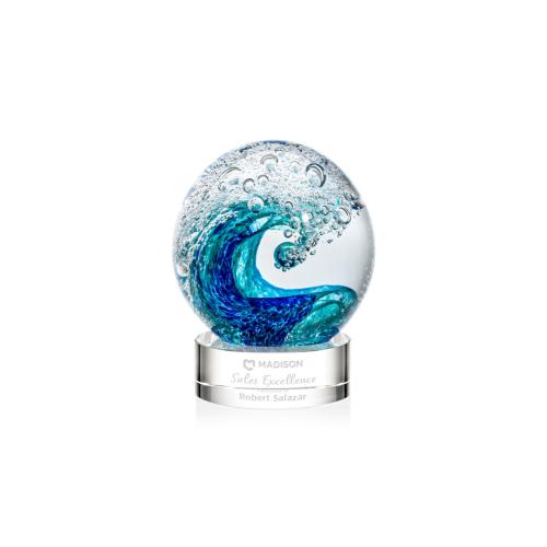 Awards and Trophies - Crystal Awards - Glass Awards - Art Glass Awards - Surfside Clear on Stanrich Base Globe Glass Award