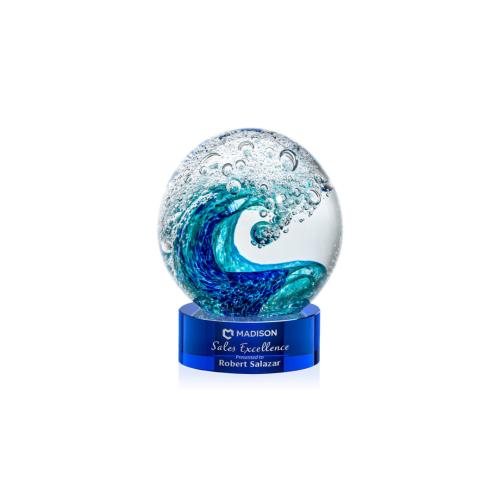 Awards and Trophies - Crystal Awards - Glass Awards - Art Glass Awards - Surfside Blue on Stanrich Base Globe Glass Award