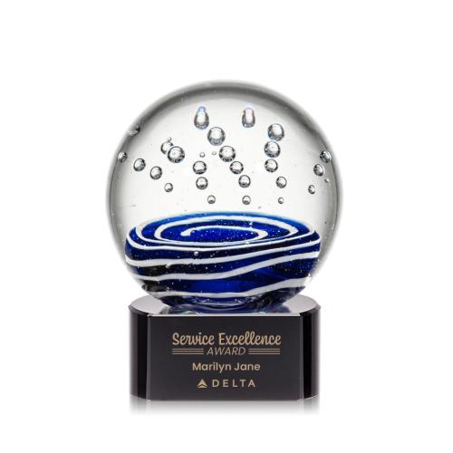 Awards and Trophies - Crystal Awards - Glass Awards - Art Glass Awards - Tranquility Black on Paragon Base Globe Glass Award