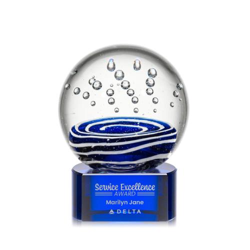 Awards and Trophies - Crystal Awards - Glass Awards - Art Glass Awards - Tranquility Blue on Paragon Base Globe Glass Award