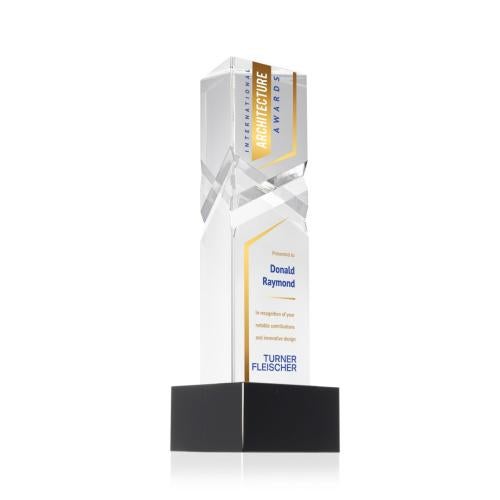 Awards and Trophies - Crystal Awards - Oakham Full Color Black on Hancock Base Towers Crystal Award