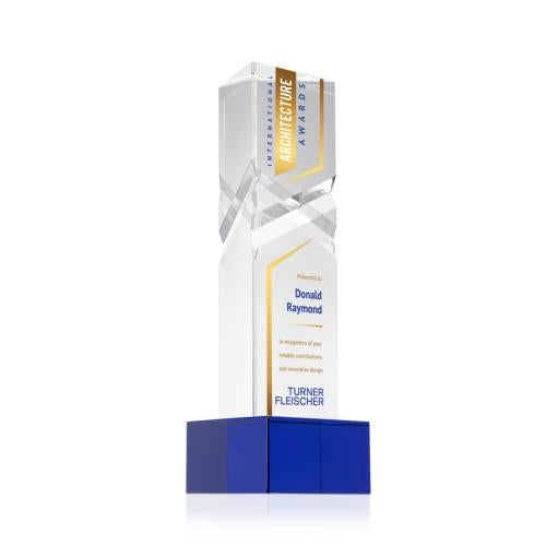 Awards and Trophies - Crystal Awards - Oakham Full Color Blue on Hancock Base Towers Crystal Award