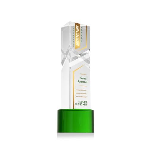 Awards and Trophies - Crystal Awards - Oakham Full Color Green on Marvel Base Towers Crystal Award