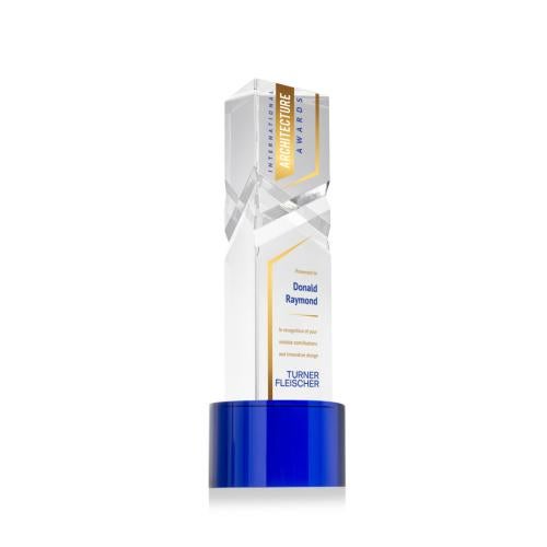 Awards and Trophies - Crystal Awards - Oakham Full Color Blue on Marvel Base Towers Crystal Award