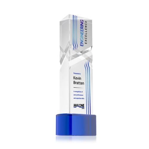 Awards and Trophies - Crystal Awards - Oakham Full Color Blue on Paragon Base Towers Crystal Award