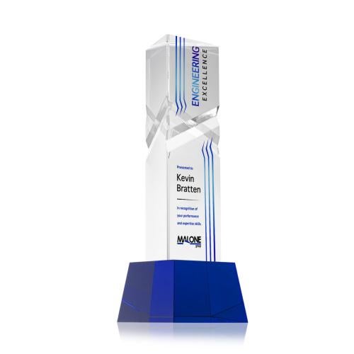 Awards and Trophies - Crystal Awards - Oakham Full Color Blue on Robson Base Towers Crystal Award