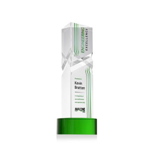 Awards and Trophies - Crystal Awards - Oakham Full Color Green on Stanrich Base Towers Crystal Award