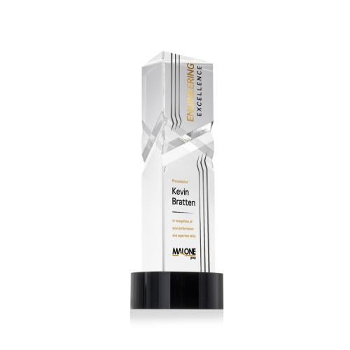 Awards and Trophies - Crystal Awards - Oakham Full Color Black on Stanrich Base Towers Crystal Award